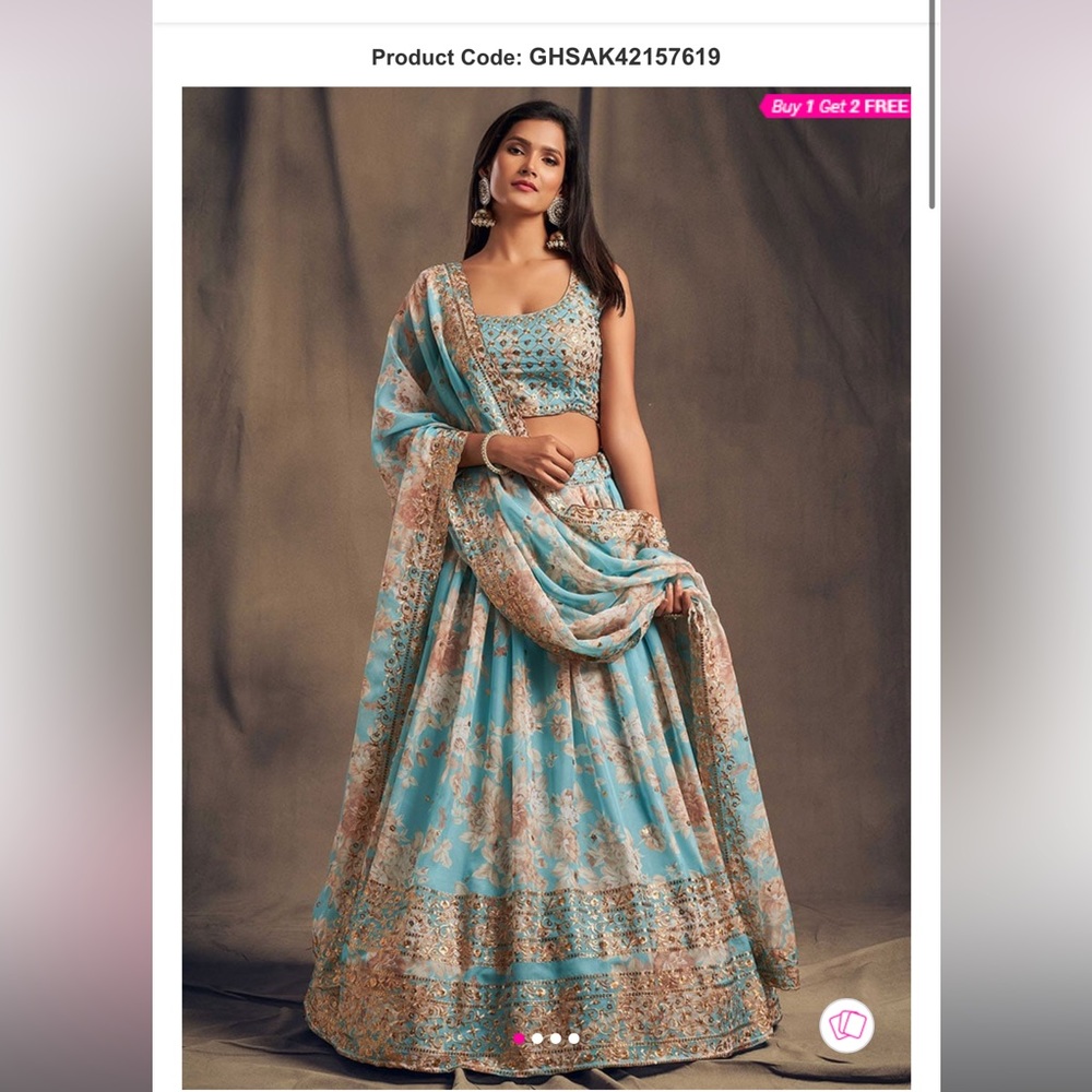 cbazaar Arctic Blue Organza Floral Digital Print Umbrella Lehenga - NWT